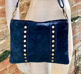 Crossbody bag. Boho suede leather bag in navy blue with bronze color tacks. Messenger bag in genuine suede leather. Navy blue suede purse.