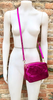 Small leather bag in metallic fuchsia pink. Genuine leather cross body / shoulder bag. Hot pink glitter purse. Adjustable strap.Gold accents