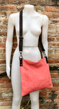 CORAL RED suede messenger bag with brown strap. Soft genuine leather crossbody / shoulder bag for books, tablets. Salmon pink suede purse