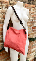 CORAL RED suede messenger bag with brown strap. Soft genuine leather crossbody / shoulder bag for books, tablets. Salmon pink suede purse