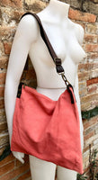 CORAL RED suede messenger bag with brown strap. Soft genuine leather crossbody / shoulder bag for books, tablets. Salmon pink suede purse