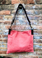 CORAL RED suede messenger bag with brown strap. Soft genuine leather crossbody / shoulder bag for books, tablets. Salmon pink suede purse