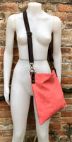 CORAL RED suede messenger bag with brown strap. Soft genuine leather crossbody / shoulder bag for books, tablets. Salmon pink suede purse