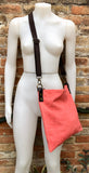 CORAL RED suede messenger bag with brown strap. Soft genuine leather crossbody / shoulder bag for books, tablets. Salmon pink suede purse