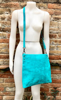 TURQUOISE BLUE suede messenger bag with suede strap. Soft genuine leather crossbody / shoulder bag for books, tablets. TURQUOISE suede purse