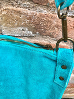 TURQUOISE BLUE suede messenger bag with suede strap. Soft genuine leather crossbody / shoulder bag for books, tablets. TURQUOISE suede purse