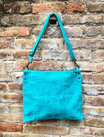 TURQUOISE BLUE suede messenger bag with suede strap. Soft genuine leather crossbody / shoulder bag for books, tablets. TURQUOISE suede purse