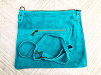 TURQUOISE BLUE suede messenger bag with suede strap. Soft genuine leather crossbody / shoulder bag for books, tablets. TURQUOISE suede purse