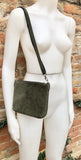 Suede leather bag in dark green. Cross body bag, shoulder bag in GENUINE leather. Small green suede purse with adjustable strap and zipper.