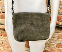 Suede leather bag in dark green. Cross body bag, shoulder bag in GENUINE leather. Small green suede purse with adjustable strap and zipper.