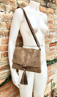 Cross body bag. Boho leather bag in taupe brown. Soft genuine suede leather. Crossover, messenger bag in suede. Gray - brown small bag