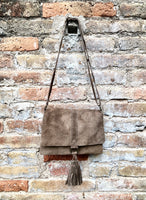 Cross body bag. Boho leather bag in taupe brown. Soft genuine suede leather. Crossover, messenger bag in suede. Gray - brown small bag