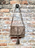 Cross body bag. Boho leather bag in taupe brown. Soft genuine suede leather. Crossover, messenger bag in suede. Gray - brown small bag