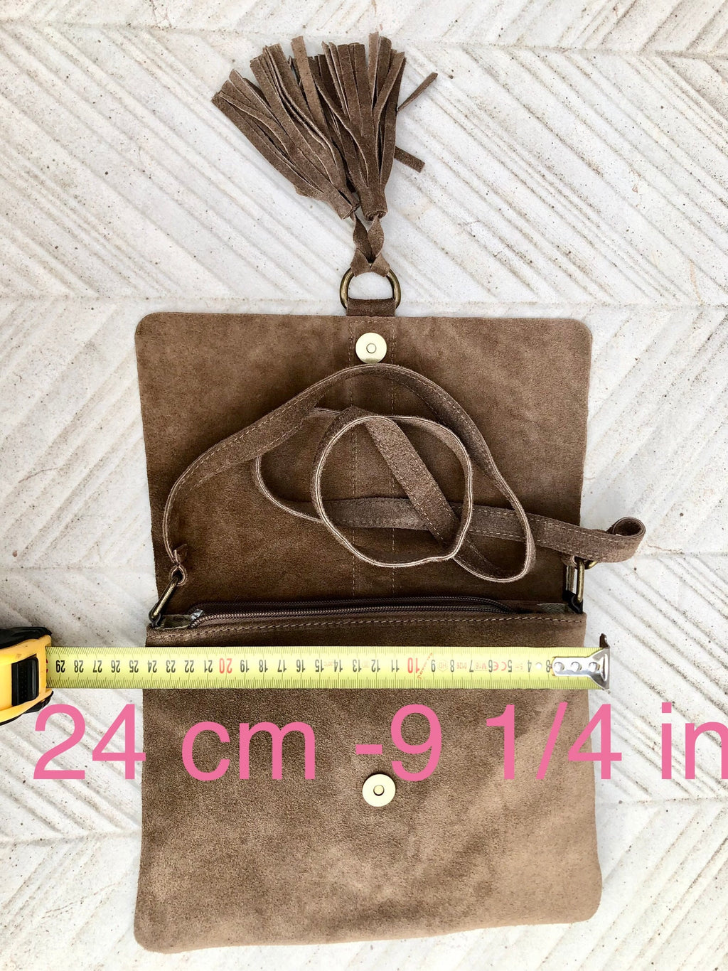 Cross body bag. Boho leather bag in taupe brown. Soft genuine suede leather. Crossover, messenger bag in suede. Gray - brown small bag