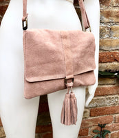 Pink crossbody bag. Boho leather bag in light pink. Soft genuine suede leather. Crossover, messenger bag in suede. Small pink suede bag.