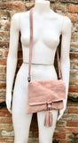 Pink crossbody bag. Boho leather bag in light pink. Soft genuine suede leather. Crossover, messenger bag in suede. Small pink suede bag.