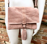 Pink crossbody bag. Boho leather bag in light pink. Soft genuine suede leather. Crossover, messenger bag in suede. Small pink suede bag.