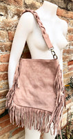 Dusty pink crossbody / shoulder bag. Light pink boho FRINGED suede leather bag. Genuine leather messenger with 2 straps. Pink suede purse