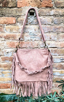 Dusty pink crossbody / shoulder bag. Light pink boho FRINGED suede leather bag. Genuine leather messenger with 2 straps. Pink suede purse