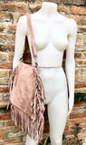 Dusty pink crossbody / shoulder bag. Light pink boho FRINGED suede leather bag. Genuine leather messenger with 2 straps. Pink suede purse