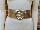 GOLD metallic leather waist belt with large round buckle. Soft leather belt in gold. Boho glitter genuine leather belt. Gold waist belt