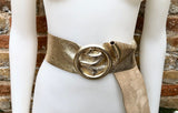 GOLD metallic leather waist belt with large round buckle. Soft leather belt in gold. Boho glitter genuine leather belt. Gold waist belt