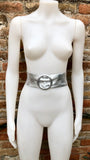 SILVER metallic leather waist belt with large round buckle. Soft leather belt in SILVER. Wide glitter genuine leather belt. Gold waist belt