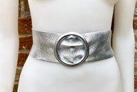 SILVER metallic leather waist belt with large round buckle. Soft leather belt in SILVER. Wide glitter genuine leather belt. Gold waist belt