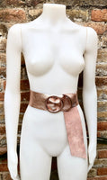 Pink GOLD metallic leather waist belt with large round buckle. Soft leather belt in gold. Boho glitter genuine leather belt.Pink waist belt