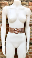 Pink GOLD metallic leather waist belt with large round buckle. Soft leather belt in gold. Boho glitter genuine leather belt.Pink waist belt