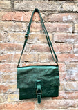 Metallic green crossbody / shoulder bag, genuine leather small crossover, messenger bag with zipper and flap. Small green leather purse