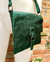 Metallic green crossbody / shoulder bag, genuine leather small crossover, messenger bag with zipper and flap. Small green leather purse