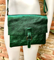 Metallic green crossbody / shoulder bag, genuine leather small crossover, messenger bag with zipper and flap. Small green leather purse