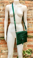 Metallic green crossbody / shoulder bag, genuine leather small crossover, messenger bag with zipper and flap. Small green leather purse