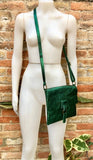 Metallic green crossbody / shoulder bag, genuine leather small crossover, messenger bag with zipper and flap. Small green leather purse