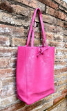 Tote leather bag in fuchsia pink. Soft natural GENUINE leather bag. Large hot pink leather shopper bag, Laptop bag.Hot pink purse