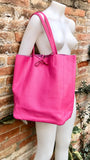 Tote leather bag in fuchsia pink. Soft natural GENUINE leather bag. Large hot pink leather shopper bag, Laptop bag.Hot pink purse