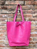 Tote leather bag in fuchsia pink. Soft natural GENUINE leather bag. Large hot pink leather shopper bag, Laptop bag.Hot pink purse