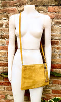 Mustard yellow suede leather bag. GENUINE leather small crossbody / shoulder bag.Adjustable strap + zipper.Mustard yellow purse with tassel