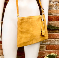 Mustard yellow suede leather bag. GENUINE leather small crossbody / shoulder bag.Adjustable strap + zipper.Mustard yellow purse with tassel