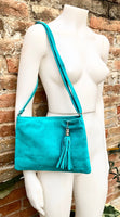 TURQUOISE suede leather bag. GENUINE leather small crossbody / shoulder bag.Adjustable strap and zipper. Turquoise blue purse with tassel.