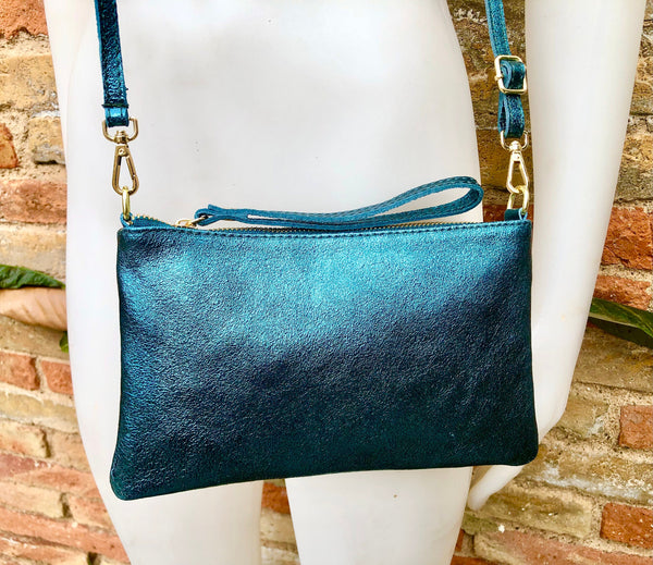 Small leather bag in TEAL blue-green .Cross body, shoulder bag or wristlet in GENUINE leather. Teal leather purse with adjustable strap