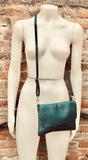 Small leather bag in teal BLUE-GREEN. Crossbody or shoulder bag in GENUINE leather. Blue purse with adjustable strap, flap and zipper.