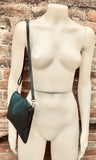 Small leather bag in teal BLUE-GREEN. Crossbody or shoulder bag in GENUINE leather. Blue purse with adjustable strap, flap and zipper.