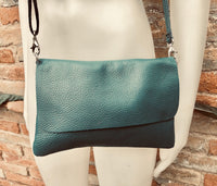 Small leather bag in teal BLUE-GREEN. Crossbody or shoulder bag in GENUINE leather. Blue purse with adjustable strap, flap and zipper.