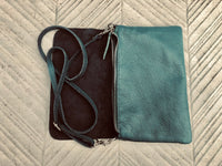 Small leather bag in teal BLUE-GREEN. Crossbody or shoulder bag in GENUINE leather. Blue purse with adjustable strap, flap and zipper.