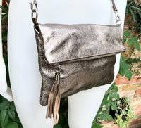 Small leather bag in BRONZE. Cross body bag, shoulder bag in GENUINE leather. Metallic shine bag with adjustable strap, zipper and flap.