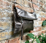 Small leather bag in BRONZE. Cross body bag, shoulder bag in GENUINE leather. Metallic shine bag with adjustable strap, zipper and flap.