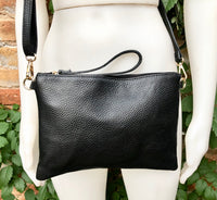 Small BLACK leather bag. Crossbody/ shoulder bag or wristlet in GENUINE leather. Black leather purse with adjustable strap. Flat black bag