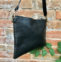 Small BLACK leather bag. Crossbody/ shoulder bag or wristlet in GENUINE leather. Black leather purse with adjustable strap. Flat black bag